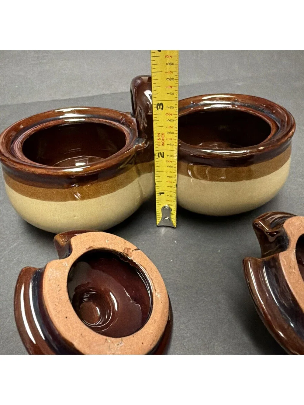 Vintage Stoneware Two-Tone Brown Tan Double Condiment Set Lids Spoons Taiwan